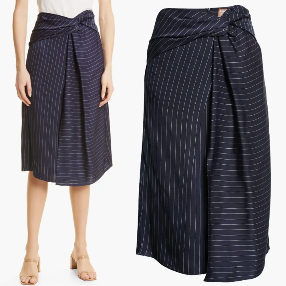 BOSS Hugo Boss Vawela Skirt 4 Pinstripe Wrap Waist Twist Front Navy‎ Blue Career